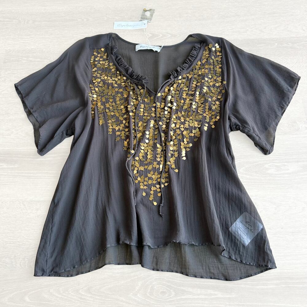 T-Bags Los Angeles Sheer Paillette Blouse Gold Grey Flutter Sleeve V-Neck S NWT